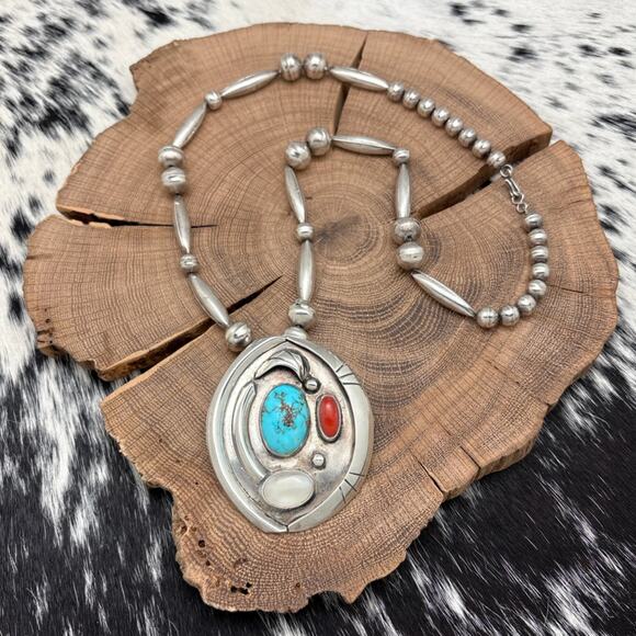 1970s Native American NAVAJO Sterling Turquoise MOP Coral Pendant Bead Necklace - Picture 1 of 6